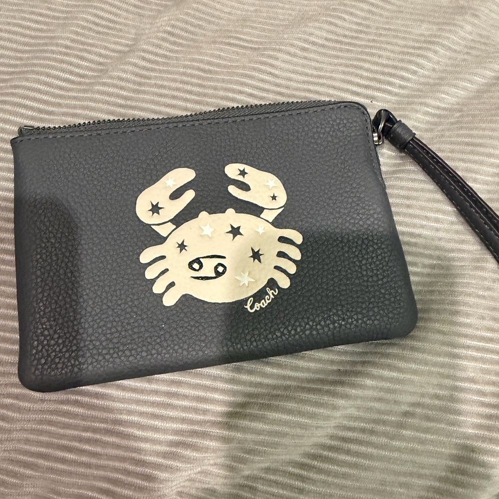 Coach Black Leather Wristlet with Gold Crab Motif